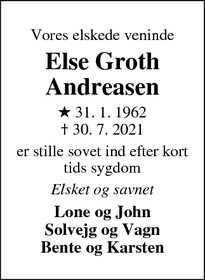 Dødsannoncen for Else Groth Andreasen - Madum