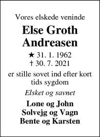 Dødsannoncen for Else Groth Andreasen - Madum