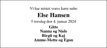 Dødsannoncen for Else Hansen - Ringkøbing
