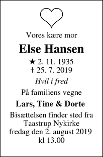 Dødsannoncen for Else Hansen - Taastrup