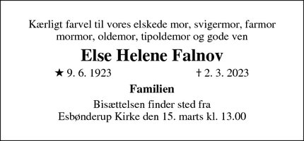 Dødsannoncen for Else Helene Falnov - Gilleleje