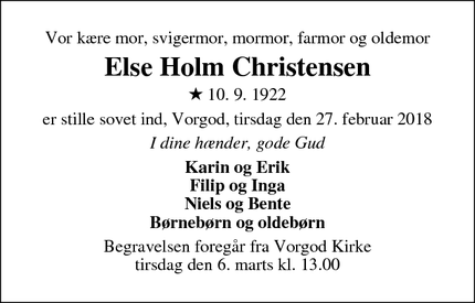 Dødsannoncen for Else Holm Christensen - Vorgod