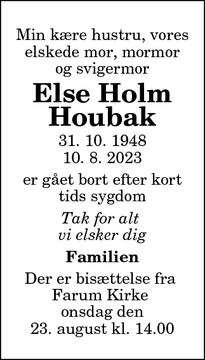 Dødsannoncen for Else Holm Houbak - Farum