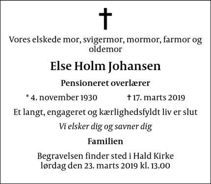 Dødsannoncen for Else Holm Johansen - Ulfborg
