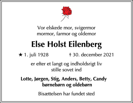 Dødsannoncen for Else Holst Eilenberg - Randers NV