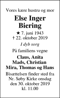 Dødsannoncen for Else Inger Biering - Nyborg