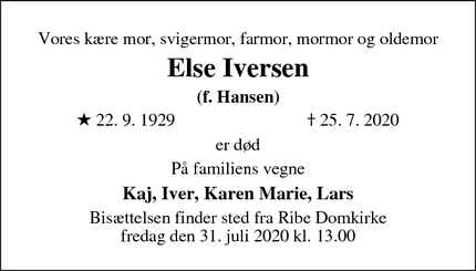 Dødsannoncen for Else Iversen - Ribe