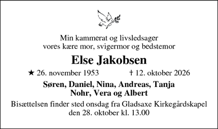 Dødsannoncen for Else Jakobsen - Gladsaxe