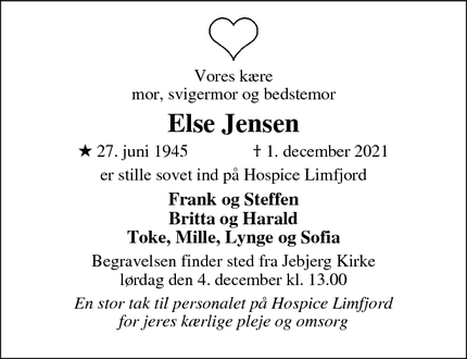 Dødsannoncen for Else Jensen - Roslev