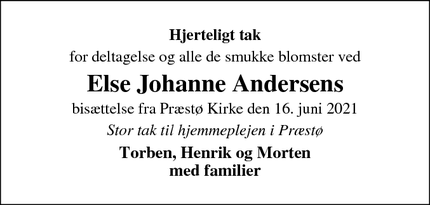 Taksigelsen for Else Johanne Andersens - Præstø 
