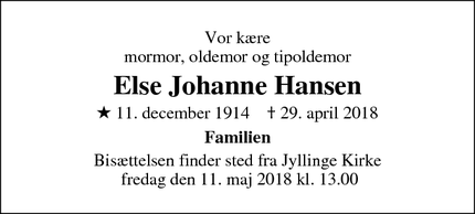 Dødsannoncen for Else Johanne Hansen - Jyllinge