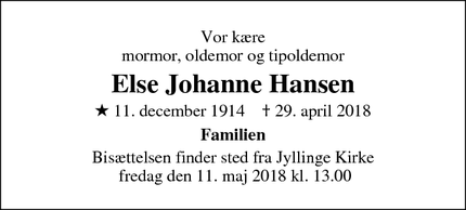 Dødsannoncen for Else Johanne Hansen - Jyllinge
