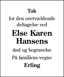 Taksigelsen for Else Karen Hansens - annonce i sydvesjylland(ikke afdødes by)