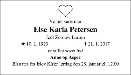 Dødsannoncen for Else Karla Petersen - Rødove