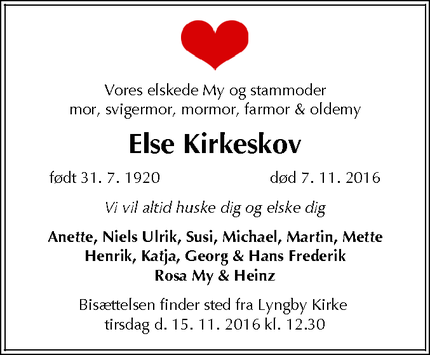 Dødsannoncen for Else Kirkeskov - Farum
