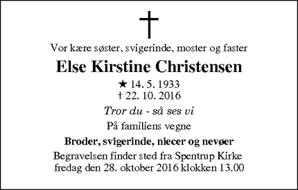 Dødsannoncen for Else Kirstine Christensen - Spentrup