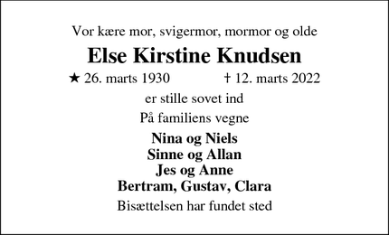 Dødsannoncen for Else Kirstine Knudsen - Esbjerg
