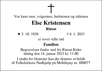 Dødsannoncen for Else Kristensen - Rimsø