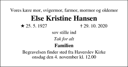 Dødsannoncen for Else Kristine Hansen - Støvring