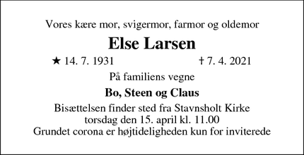 Dødsannoncen for Else Larsen - Humlebæk