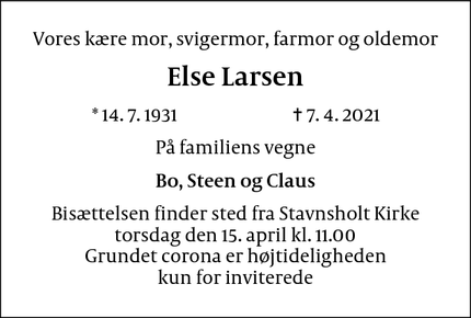 Dødsannoncen for Else Larsen - Humlebæk