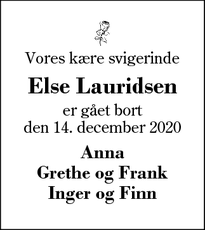 Dødsannoncen for Else Lauridsen - Herning