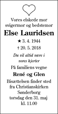 Dødsannoncen for Else Lauridsen - Sønderborg