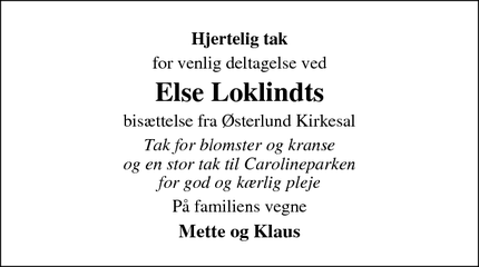 Dødsannoncen for Else Loklindts - Varde