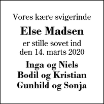 Dødsannoncen for Else Madsen - Videbæk