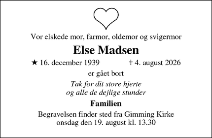 Dødsannoncen for Else Madsen - Tjærby