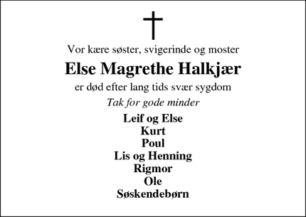 Dødsannoncen for Else Magrethe Halkjær - Assentoft