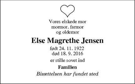 Dødsannoncen for Else Magrethe Jensen - Stege