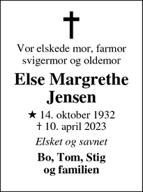 Dødsannoncen for Else Margrethe
Jensen - Glostrup