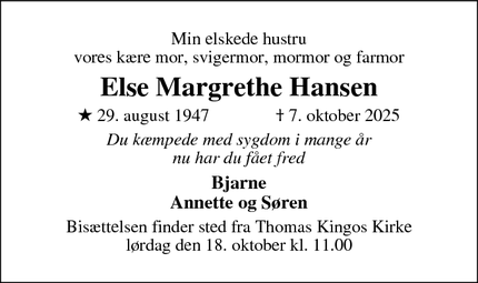 Dødsannoncen for Else Margrethe Hansen - Odense