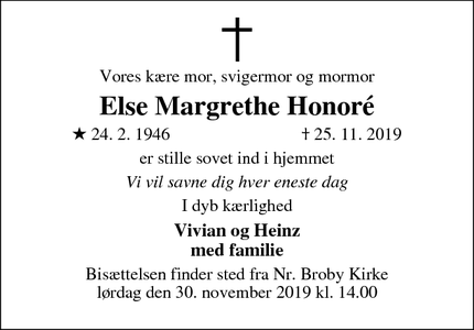 Dødsannoncen for Else Margrethe Honoré - Nr.Broby