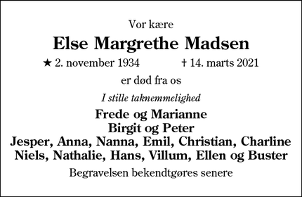 Dødsannoncen for Else Margrethe Madsen - 'Esbjerg V