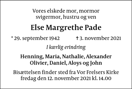 Dødsannoncen for Else Margrethe Pade - København