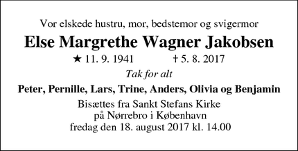 Dødsannoncen for Else Margrethe Wagner Jakobsen - Middelfart