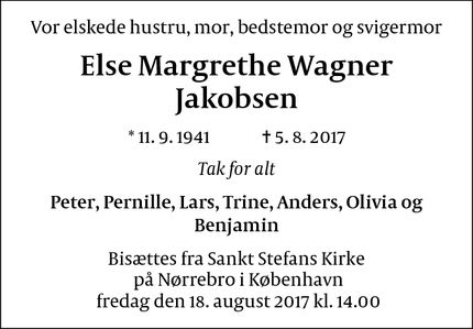 Dødsannoncen for Else Margrethe Wagner Jakobsen - Middelfart