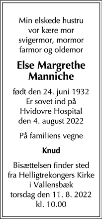 Dødsannoncen for Else Margrethe
Manniche - Vallensbæk
