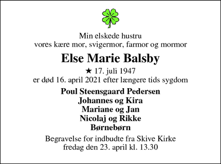 Dødsannoncen for Else Marie Balsby - Skive
