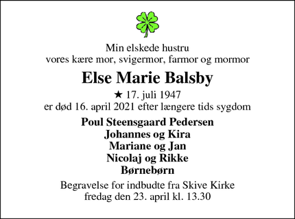 Dødsannoncen for Else Marie Balsby - Skive