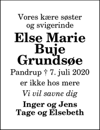 Dødsannoncen for Else Marie Buje Grundsøe - Pandrup