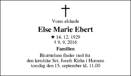 Dødsannoncen for Else Marie Ebert - Horsens