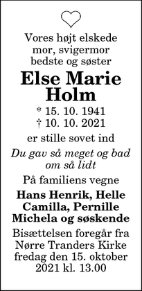 Dødsannoncen for Else Marie
Holm - Aalborg