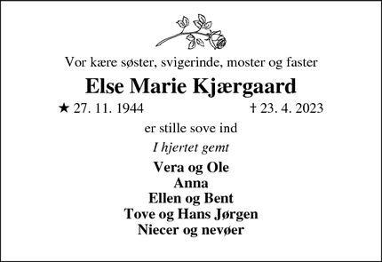 Dødsannoncen for Else Marie Kjærgaard - Nykøbing M.
