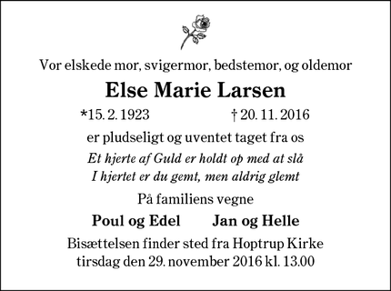 Dødsannoncen for Else Marie Larsen - Haderslev