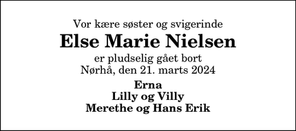 Dødsannoncen for Else Marie Nielsen - Nørhå