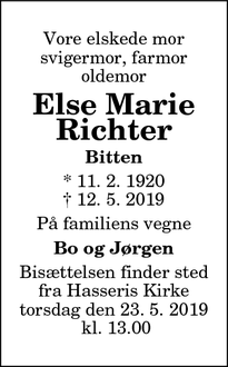 Dødsannoncen for Else Marie Richter - Aalborg