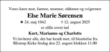 Dødsannoncen for Else Marie Sørensen - Blistrup